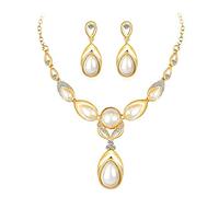 JKJZSALJ Elegant Elegant Pearl Dangle Earrings Necklace Set Gemstone Bridal Wedding Jewellery Set Dress Decoration For Women Girl Colour Name:Silver