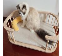 JKJZSALJ Indoor Elevated Pet Bed With Railing & Bed Cushion, Easy Assembly Wooden Couch Dog Kennel Breathable, Cute Curved Design Cat Furniture Gear,Natural-M