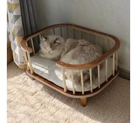 JKJZSALJ Indoor Elevated Pet Bed With Railing & Bed Cushion, Easy Assembly Wooden Couch Dog Kennel Breathable, Cute Curved Design Cat Furniture Gear,Brown-M