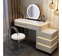 JKJZSALJ Light Gray Wooden Vanity Set With Mirror & Lights 6 Spacious Drawers & Cushioned Stool Elegant Makeup Desk For Bedroom & Dressing Room,Gris Clair,100CM_THREE DRAWE