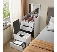 JKJZSALJ Modern Vanity Dressing Table With Flip Top Stool Integrated Storage Cabinet Vanity Mirror With Lights Quality Mdf White Makeup Vanity Desk For Small Spaces And Bedroom,White,A