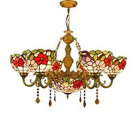 JKJZSALJ Red Morning Glory Large Many-Arm Chandelier,Tiffany-Style Crystal Ceiling Lights Stained Glass Pendant Lights Fixture For Dining Room,Living Room,Hallway,Stairway