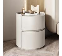 JKJZSALJ Round Nightstand Modern End Table With 2 Storage Drawer Solid Wood Bedroom Bedside Table Faux Leather Surface Bedside Table No Assembly For Bedroom Living Room,Beige,15.8 * 15.8 * 19.7in