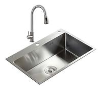 JKJZSALJ Single Bowl Flat Sink Kitchen Bar Sink Silver Stainless Steel Sink With Round Pull Faucet & Drain Assembly Top Mount Or Undermount,Silver,68x45x22cm