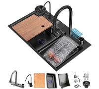 JKJZSALJ Stainless Steel 304 Kitchen Sink Large Single Bowl With Pull-Down Faucet Drain Filter & Accessories - Modern Black Grey Finish Size: 80X45X22Cm,Negro,75x45x22cm