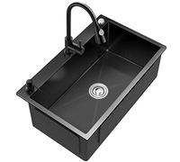 JKJZSALJ Stainless Steel Kitchen Sink 304, Handmade Nano Coated Single Bowl For Camper, Black 55X45X20Cm, Includes Faucet & Drain Kit, Undermount Or Topmount Installation,Blacka,55x45x20cm