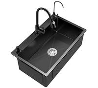 JKJZSALJ Stainless Steel Kitchen Sink 304, Handmade Nano Coated Single Bowl For Camper, Black 55X45X20Cm, Includes Faucet & Drain Kit, Undermount Or Topmount Installation,Blackb,75x45x20cm