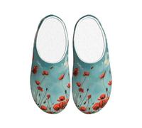Jkkghll Poppies on Blue Sky Print Cozy Flannel Slippers Warm Anti-Pilling Indoor Outdoor TPR Sole Stylish Daily Use