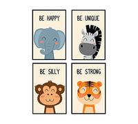 JKKL Set of 4 Teen Framed Wall Art Canvas Poster Be Happy Inspirational Quote Print Animals Tiger Zebra Picture Nordic Painting for Nursery Home Kids Room Decor, 8 x 12 inches