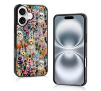 JKLASD Halloween Skeleton Phone Case for iPhone 16,Colorful Spooks Skulls in Wild Flowers Phone Case,Embroidered Pattern Halloween Gothic Cottagecore Floral Phone Cover for Women Men