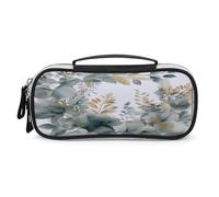 JKLPOMN Portable Makeup Bag, Gold And Green Leaves Printed Large Capacity Travel Makeup Box Storage Bag,Zippered Cosmetic Travel Bag ，Ladies' Toiletry Bag Suitable For Girls' Travel, Gold And Green