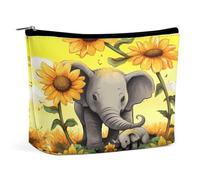 JKLPOMN Women Portable Travel Makeup Bag,Mother And Baby Elephant Sunflowers Printed Water-Resistant Makeup Bags,Cute Makeup Bag,Apply To Cosmetics,Makeup Brushes Toiletry,Jewelry,Small Change, Mother