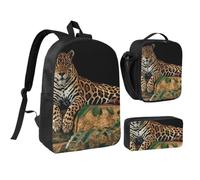 JKLQWC African Wildlife Leopard on Rock Print School Backpack Set of 3, 17-Inch School Bag with Insulated Lunch Bag & Pencil Case for Students Teens Girls Boys