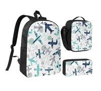 JKLQWC Airplane Print School Backpack Set of 3, 17-Inch School Bag with Insulated Lunch Bag & Pencil Case for Students Teens Girls Boys
