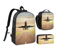 JKLQWC Airplane Print School Backpack Set of 3, 17-Inch School Bag with Insulated Lunch Bag & Pencil Case for Students Teens Girls Boys
