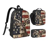 JKLQWC Americana Flag Deer Print Backpack Set 3-Piece, 17-Inch School Bag with Insulated Lunch Bag & Pencil Case for Students Teens Girls Boys