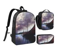 JKLQWC Ancient Times Boat Print Backpack Set 3-Piece, 17-Inch School Bag with Insulated Lunch Bag & Pencil Case for Students Teens Girls Boys