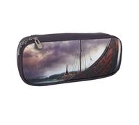 JKLQWC Ancient Times Boat Printed PU Leather Pencil Case Cute Pen Pencil Box Bag Zipper Office School Pencil Pouch Organizer for Students Teen Girls Boys Adult