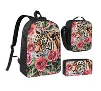 JKLQWC Animal Tiger Leopard Print Rose Flower Print Backpack Set 3-Piece, 17-Inch School Bag with Insulated Lunch Bag & Pencil Case for Students Teens Girls Boys