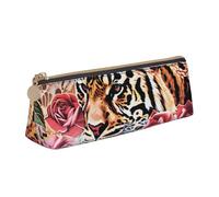 JKLQWC Animal Tiger Leopard Print Rose Flower Printed Triangle Pencil Case with Zipper - Lightweight Leather Organizer for School, Office, Travel, Makeup