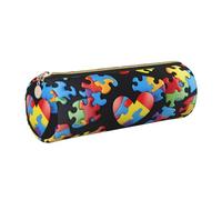 JKLQWC Autism Awareness Puzzle Pieces Heart Printed Cylinder Pencil Case with Gold Zipper - Lightweight Leather Organizer for School, Office, Travel, Makeup