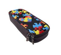 JKLQWC Autism Awareness Puzzle Pieces Heart Printed PU Leather Pencil Case Cute Pen Pencil Box Bag Zipper Office School Pencil Pouch Organizer for Students Teen Girls Boys Adult