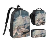 JKLQWC Ballet Shoe Print Backpack Set 3-Piece, 17-Inch School Bag with Insulated Lunch Bag & Pencil Case for Students Teens Girls Boys