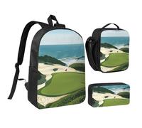 JKLQWC Beach Golf Course Print Backpack Set 3-Piece, 17-Inch School Bag with Insulated Lunch Bag & Pencil Case for Students Teens Girls Boys