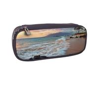 JKLQWC Beach Maui Hawaii Sunset Sea Waves Clouds Printed PU Leather Pencil Case Cute Pen Pencil Box Bag Zipper Office School Pencil Pouch Organizer for Students Teen Girls Boys Adult Gifts