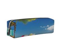 JKLQWC Beach Palm Tree Chairs Boats Printed Leather Pencil Case with Silver Zipper - Simple and Lightweight Organizer for School, Office, Travel, Makeup