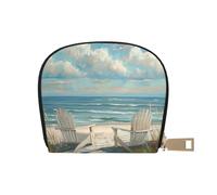 JKLQWC Beach Scene with Chairs Printed Credit Card Wallet for Women Men Cute Zipper Card Cases Holder Mini Coin Purse with 12 Card Slots