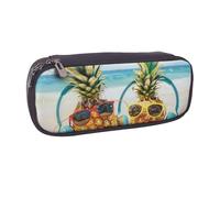 JKLQWC Beach Two Pineapples Sea Printed PU Leather Pencil Case Cute Pen Pencil Box Bag Zipper Office School Pencil Pouch Organizer for Students Teen Girls Boys Adult