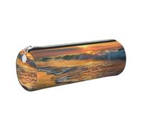 JKLQWC Beach Wave Sunset Printed Cylinder Pencil Case with Silver Zipper - Lightweight Leather Organizer for School, Office, Travel, Makeup