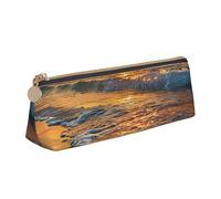 JKLQWC Beach Wave Sunset Printed Triangle Pencil Case with Zipper - Lightweight Leather Organizer for School, Office, Travel, Makeup