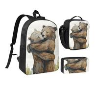 JKLQWC Bear and Lover Print Backpack Set 3-Piece, 17-Inch School Bag with Insulated Lunch Bag & Pencil Case for Students Teens Girls Boys
