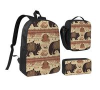 JKLQWC Bear Print Backpack Set 3-Piece, 17-Inch School Bag with Insulated Lunch Bag & Pencil Case for Students Teens Girls Boys