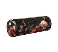 JKLQWC Beautiful Floral Printed Cylinder Pencil Case with Gold Zipper - Lightweight Leather Organizer for School, Office, Travel, Makeup