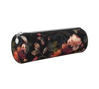 JKLQWC Beautiful Floral Printed Cylinder Pencil Case with Silver Zipper - Lightweight Leather Organizer for School, Office, Travel, Makeup