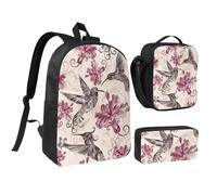 JKLQWC Beautiful Flowers Hummingbird Print School Backpack Set of 3, 17-Inch School Bag with Insulated Lunch Bag & Pencil Case for Students Teens Girls Boys