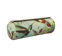 JKLQWC Beautiful Hummingbirds Printed Cylinder Pencil Case with Gold Zipper - Lightweight Leather Organizer for School, Office, Travel, Makeup