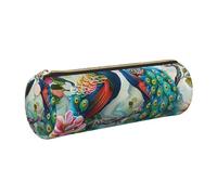 JKLQWC Beautiful Peacock Flowers Printed Cylinder Pencil Case with Gold Zipper - Lightweight Leather Organizer for School, Office, Travel, Makeup