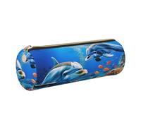 JKLQWC Beautiful Underwater World Dolphins Coral Printed Cylinder Pencil Case with Gold Zipper - Lightweight Leather Organizer for School, Office, Travel, Makeup