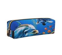 JKLQWC Beautiful Underwater World Dolphins Coral Printed Leather Pencil Case with Gold Zipper - Simple and Lightweight Organizer for School, Office, Travel, Makeup