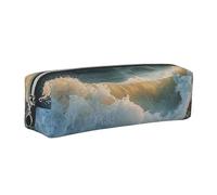 JKLQWC Beautiful Waves Printed Leather Pencil Case with Silver Zipper - Simple and Lightweight Organizer for School, Office, Travel, Makeup