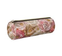 JKLQWC Beautiful White Gold Flowers Printed Cylinder Pencil Case with Gold Zipper - Lightweight Leather Organizer for School, Office, Travel, Makeup