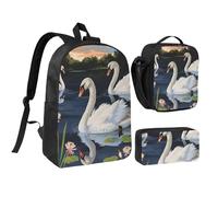 JKLQWC Beautiful White Swans on The Lake Print Backpack Set 3-Piece, 17-Inch School Bag with Insulated Lunch Bag & Pencil Case for Students Teens Girls Boys
