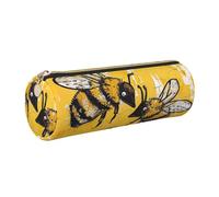 JKLQWC Bee Love Honey Printed Cylinder Pencil Case with Gold Zipper - Lightweight Leather Organizer for School, Office, Travel, Makeup