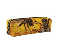 JKLQWC Bee On Honeycomb Printed Leather Pencil Case with Gold Zipper - Simple and Lightweight Organizer for School, Office, Travel, Makeup