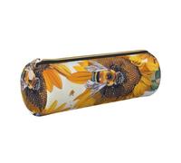 JKLQWC Bee on Sunflower Printed Cylinder Pencil Case with Gold Zipper - Lightweight Leather Organizer for School, Office, Travel, Makeup