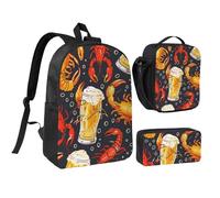 JKLQWC Beer and Crawfish Pattern Print Backpack Set 3-Piece, 17-Inch School Bag with Insulated Lunch Bag & Pencil Case for Students Teens Girls Boys